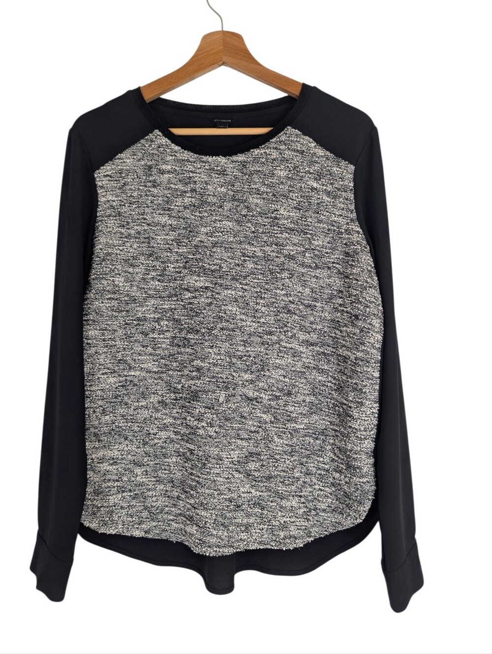 Ann Taylor Black Long Sleeve Top Tunic Blouse Mixed Media Knit Raglan Size M